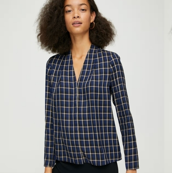 Aritzia Tops - Like New Aritzia Babaton Power Blouse In Navy Base Check